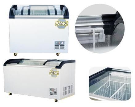 Congelador superior de cristal curvado de la isla de la puerta de cristal de desplazamiento del helado del congelador comercial de la exhibición